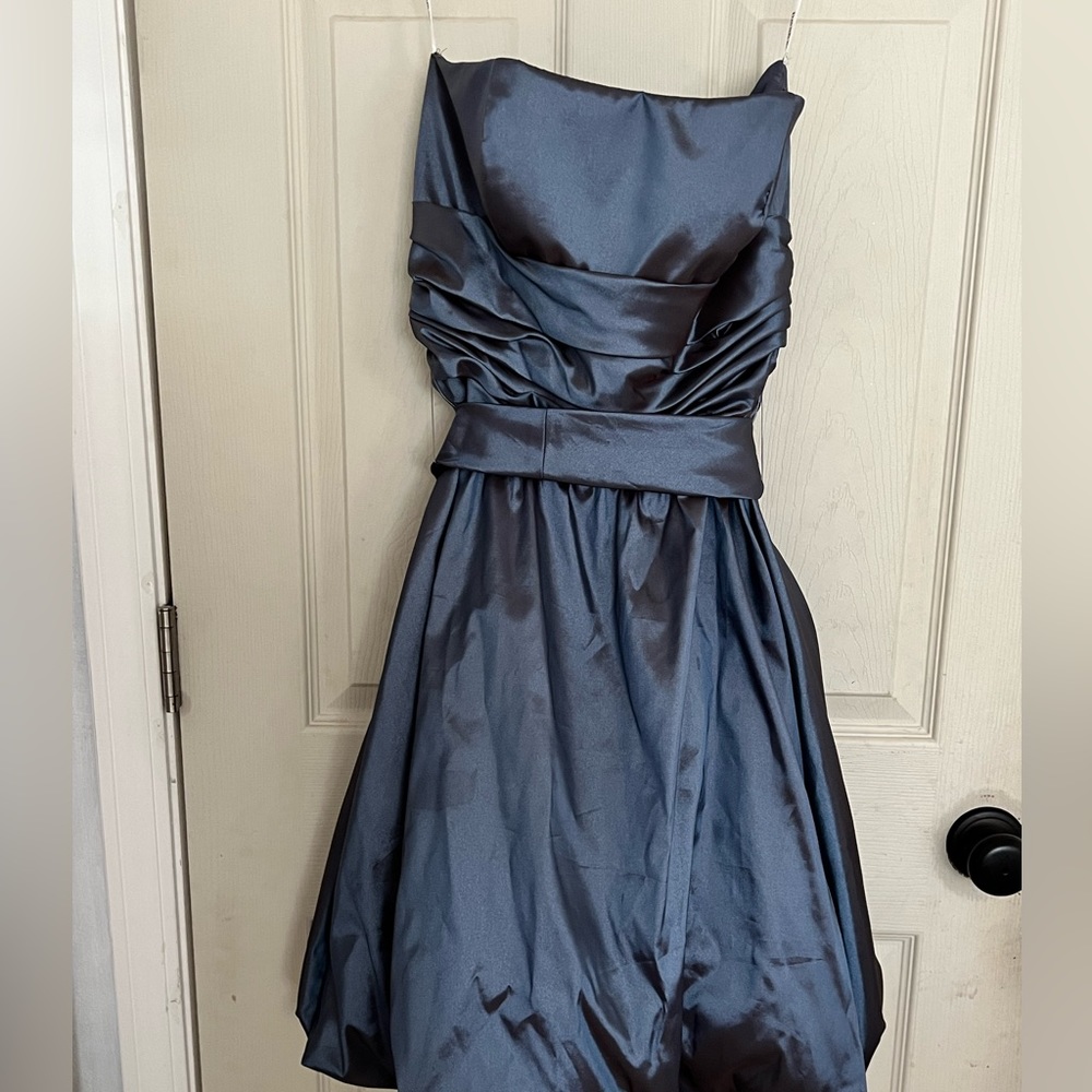 David’s Bridal Junior Semi Formal Strapless, Blue with Black Tones, Size 10